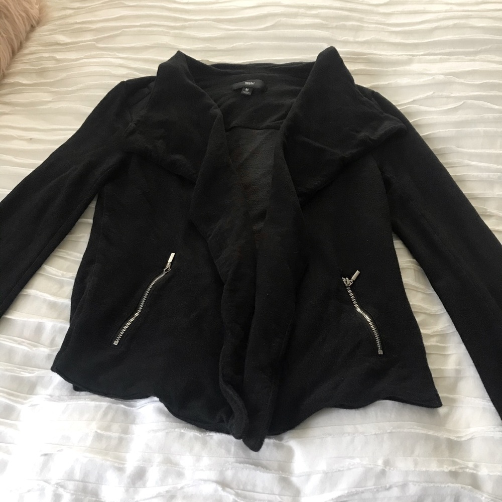 Black Drape Front Cardigan zipper pockets